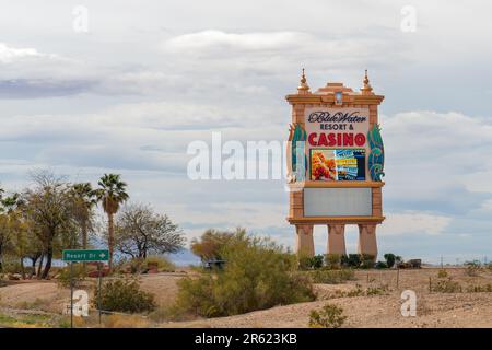 Parker, AZ - March 10, 2023: Sign for the BlueWater Casino and Resort Hotel, is owned by the Colorado River Indian Tribes of AZ and CA. Stock Photo