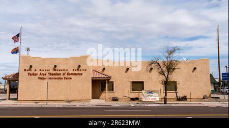 Parker, AZ - March 10, 2023: Mark A. Gerson Memorial Building, Parker Area Chamber of Commerce, Visitor Information Center Stock Photo