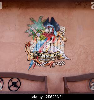Parker, AZ - March 10, 2023: Signage at the Pirates Den RV Resort and Marina, a Caribbean themed recreational vehicle park on the Colorado River. Stock Photo