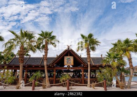 Parker, AZ - March 10, 2023: The Thirsty Pirate Beach Bar  is at the Caribbean themed Pirate's Den RV Resort and Marina on the Colorado River. in La P Stock Photo