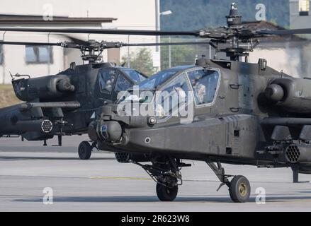 Ramstein Miesenbach, Germany. 06th June, 2023. A U.S. Army Apache attack helicopter lands on the sidelines of the 'Saber Guardian 23' military exercise at Ramstein Air Base. Credit: Boris Roessler/dpa/Alamy Live News Stock Photo