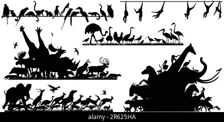 Set of editable vector animal outline foregrounds with each animal as a separate object Stock Vector