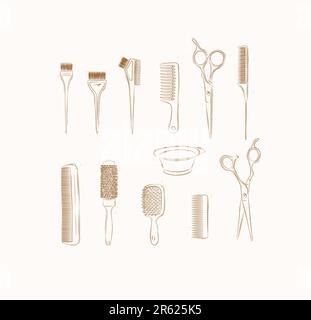 Hairdresser comb types and hair dye brushes collection drawing on brown background Stock Vector