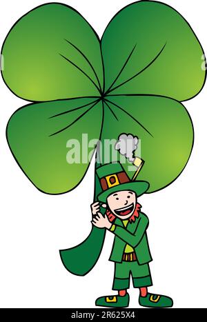 Image of a Leprechaun and four-leaf clover. Stock Vector