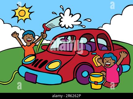 Cartoon image of two kids washing a car. Stock Vector
