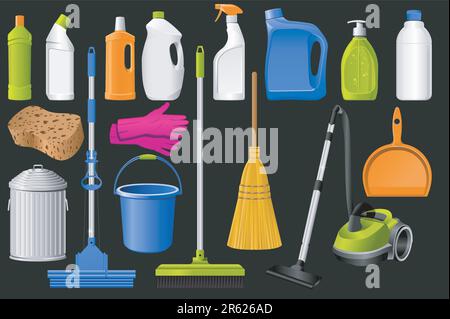 Domestic Tools for cleaning on the black Stock Vector