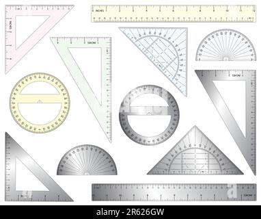 Set of editable vector rulers, set squares and protractors in plastic and metal Stock Vector