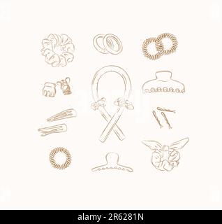 Elastic bands and hair clips collection drawing on brown background Stock Vector