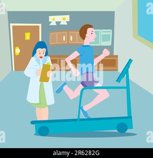 Man runs on treadmill while being documented by coach/physician. Stock Vector