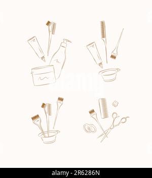 Hair dye tools and accessories compositions drawing on brown background Stock Vector