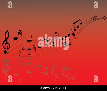 Musical note staff on the red background Stock Vector