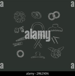 Elastic bands and hair clips collection drawing on black background Stock Vector