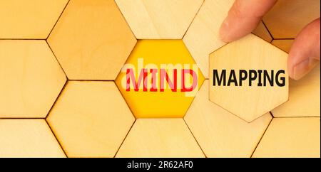 Mind mapping symbol. Concept words Mind mapping on beautiful wooden puzzles on beautiful wooden background. Businessman hand. Business support motivat Stock Photo