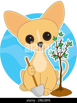 A cute Chihuahua  with his paw on on a shovel and a newly planted tree Stock Vector