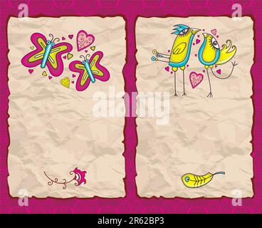 Valentine's Day vintage paper backgrounds, with cute drawings: birds, butterfly. With space for your text Stock Vector