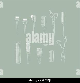 Hairdresser comb types and hair dye brushes collection drawing on green background Stock Vector