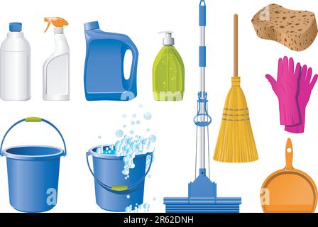 Domestic Tools for cleaning on the white Stock Vector