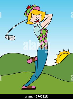 Cartoon of a woman swinging a golf club on the course. Stock Vector