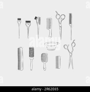Hairdresser comb types and hair dye brushes collection drawing on light background Stock Vector