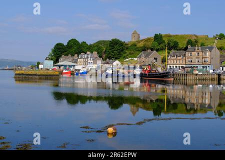 Tarbert, Scotland, UK. 6th June 2023.  After a partly cloudy day, a fine sunny evening ends the day along the west coast and the picturesque harbour at Tarbert, Kintyre.  View of Tarbert Castle on the hill. Credit: Craig Brown/Alamy Live News Stock Photo