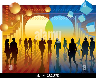 People are going to the changing sign, conceptual business illustration. Stock Vector