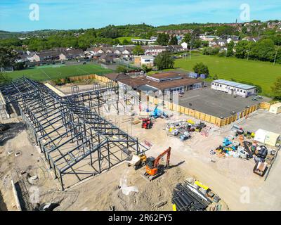 Church Village, Pontypridd, wales - May 2023: Steel structure of a new primary school being built in south Wales. Stock Photo