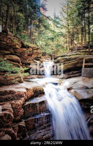 Sabbaday Falls rushes out of the White Mountains along the Kancamagus Highway in New Hampshire. Stock Photo
