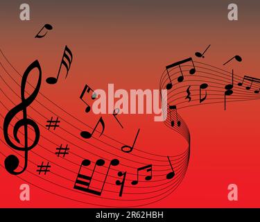 Musical note staff on the red background Stock Vector