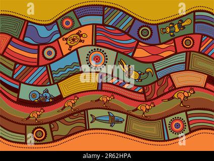 Vector pattern including ethnic Australian motive with multicolored typical elements Stock Vector