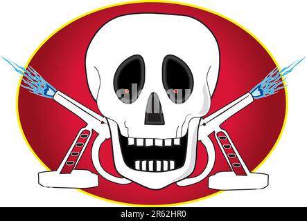 A skull with torches and blue flames on a red oval background Stock Vector
