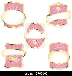 Collection of elegant pink and gold labels inspired by Rococo era designs. Graphics are grouped and in several layers for easy editing. The file ca... Stock Vector