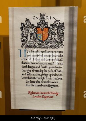 A memorial plaque and scroll sent to the next of kin of men and women who dies serving in WWI on display in the Postal Museum in London, UK. Stock Photo