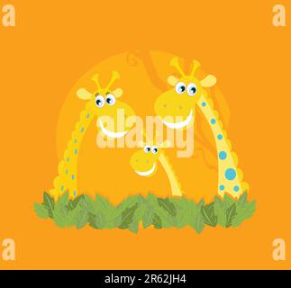 Vector Illustration of giraffe family. Funny animal characters in retro style. Stock Vector