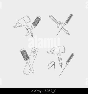 Hair styling tools and accessories compositions drawing on light background Stock Vector