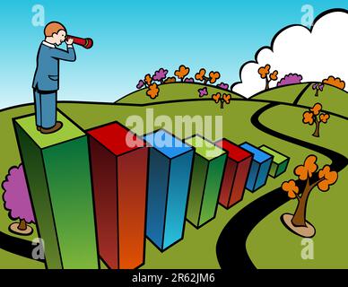 Cartoon of a businessman using a telescope from the top of a bar chart. Stock Vector