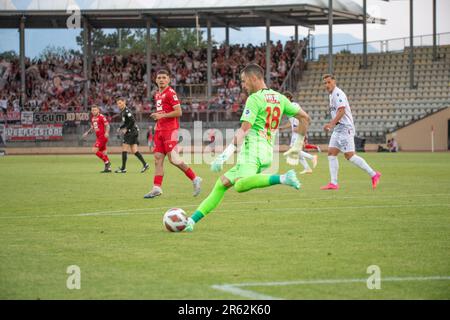 Lausanne, Vaud, Switzerland. 6th June, 2023. Kevin Fisckentscher (goalie) of Fc Sion (18) is a shoot during Swiss Super League play-off, round 2 between FC Stade Lausanne-Ouchy and FC Sion. Swiss Super League play-off, round 2 took place at the Pontaise olympic stadium in Lausanne in the olympic. (Credit Image: © Eric Dubost/ZUMA Press Wire) EDITORIAL USAGE ONLY! Not for Commercial USAGE! Stock Photo