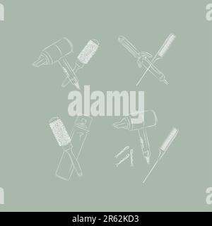 Hair styling tools and accessories compositions drawing on green background Stock Vector