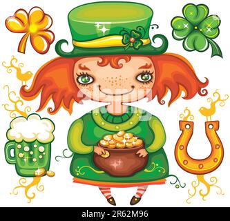 Set contains St. Patrick's Day symbols: Leprechaun girl with pot of gold, four leaf clover, golden shamrock, green, beer,  horseshoe. Stock Vector