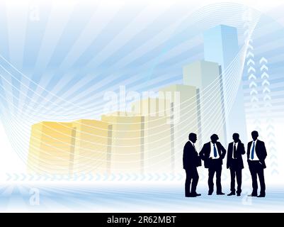Teamwork and a large chart in the background, conceptual business illustration. Stock Vector