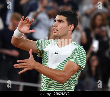 Paris, France. 06th June, 2023. Roland Garros Paris French Open 2023 Day10 06/06/2023 Carlos Alcaraz (ESP) wins quarter final match. Credit: Roger Parker/Alamy Live News Stock Photo