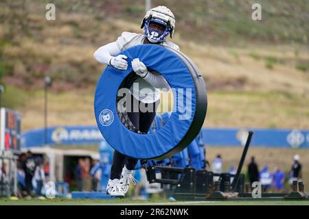 Los Angeles Rams defensive end Desjuan Johnson (94) runs at the NFL  football team's training camp, Saturday, July 29, 2023, in Irvine, Calif.  (AP Photo/Kyusung Gong Stock Photo - Alamy