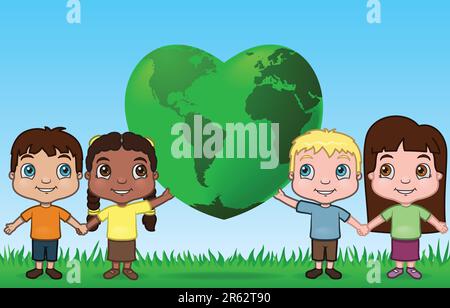 This is a vector illustration of a group of kids holding up the world shaped as a heart Stock Vector