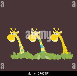 Yellow safari giraffes behind jungle leafs. Vector cartoon illustration of funny animals in retro style. Stock Vector