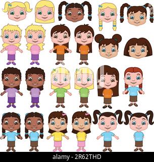 This is a set of little girls in a variety of hairstyles and ethnicities. Stock Vector