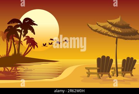 Summer landscape: sunset, beach, chairs and umbrella Stock Vector