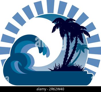 Surfing waves, tropical island, palm trees on a beach Stock Vector