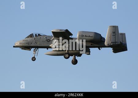 78-0641, a Fairchild Republic A-10C Thunderbolt II (or Warthog) operated by the 107th Fighter Squadron 'The Red Devils' from the 127th Operations Group of the Michigan Air National Guard, United States Air Force, arriving at Prestwick International Airport in Ayrshire. The aircraft was one of twelve A-10Cs routing through Prestwick on the day (18 in total including six from the previous day) to take part in Exercise Air Defender 2023 being held in Germany. Stock Photo