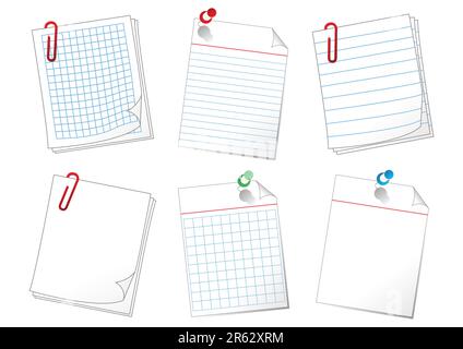 Different paper sheets attached with pins and clips over white background Stock Vector
