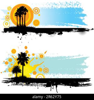 Summer grunge themed backgrounds with palm tree silhouettes Stock Vector