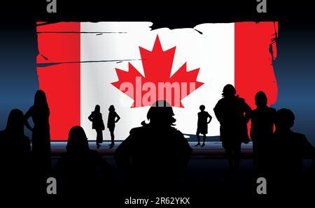 silhouettes of people in front of an canadian flag Stock Vector